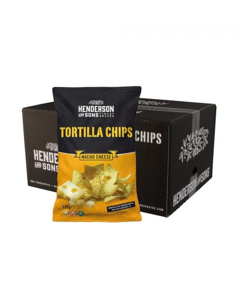 Henderson & Sons Tortilla Chips mit Käse Geschmack im Karton welcher 10 Packungen beinhaltet