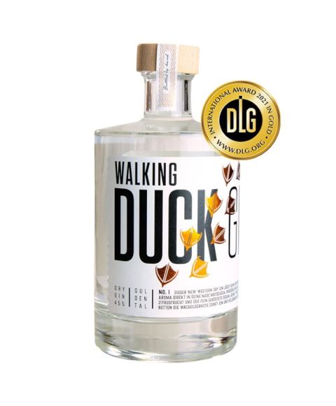 Prämierter Premium Gin Walking Duck No.1. Handabgefüllt in schöner 500ml Flasche.